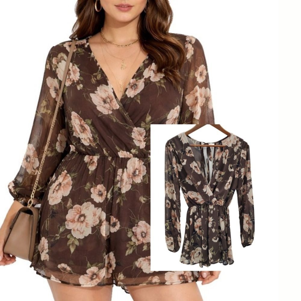 Final Touch Romper Floral‎ Chiffon Sheer Long Sleeve Surplice Brown Womens S